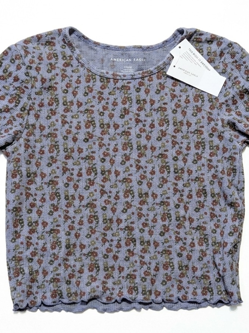 American Eagle NWT Floral Waffle Knit Baby Tee S Purple Crop Lettuce Edge Top